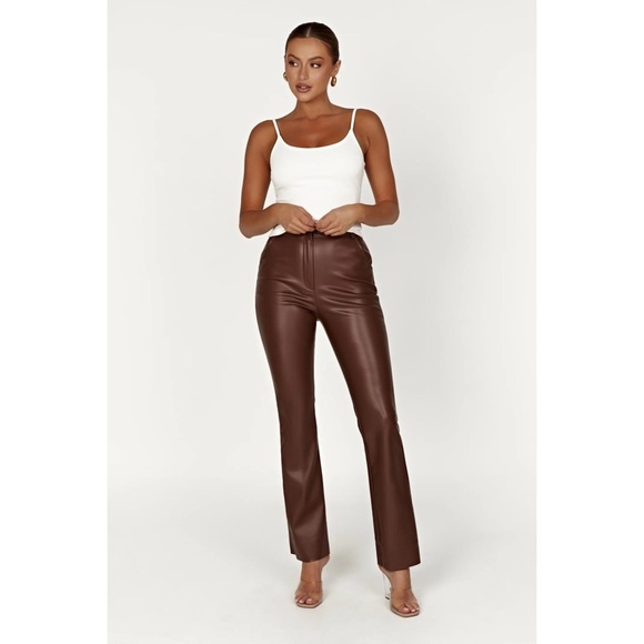 Meshki Tyra Straight Leg Faux Leather Chocolate Pants Sz S - Picture 3 of 11